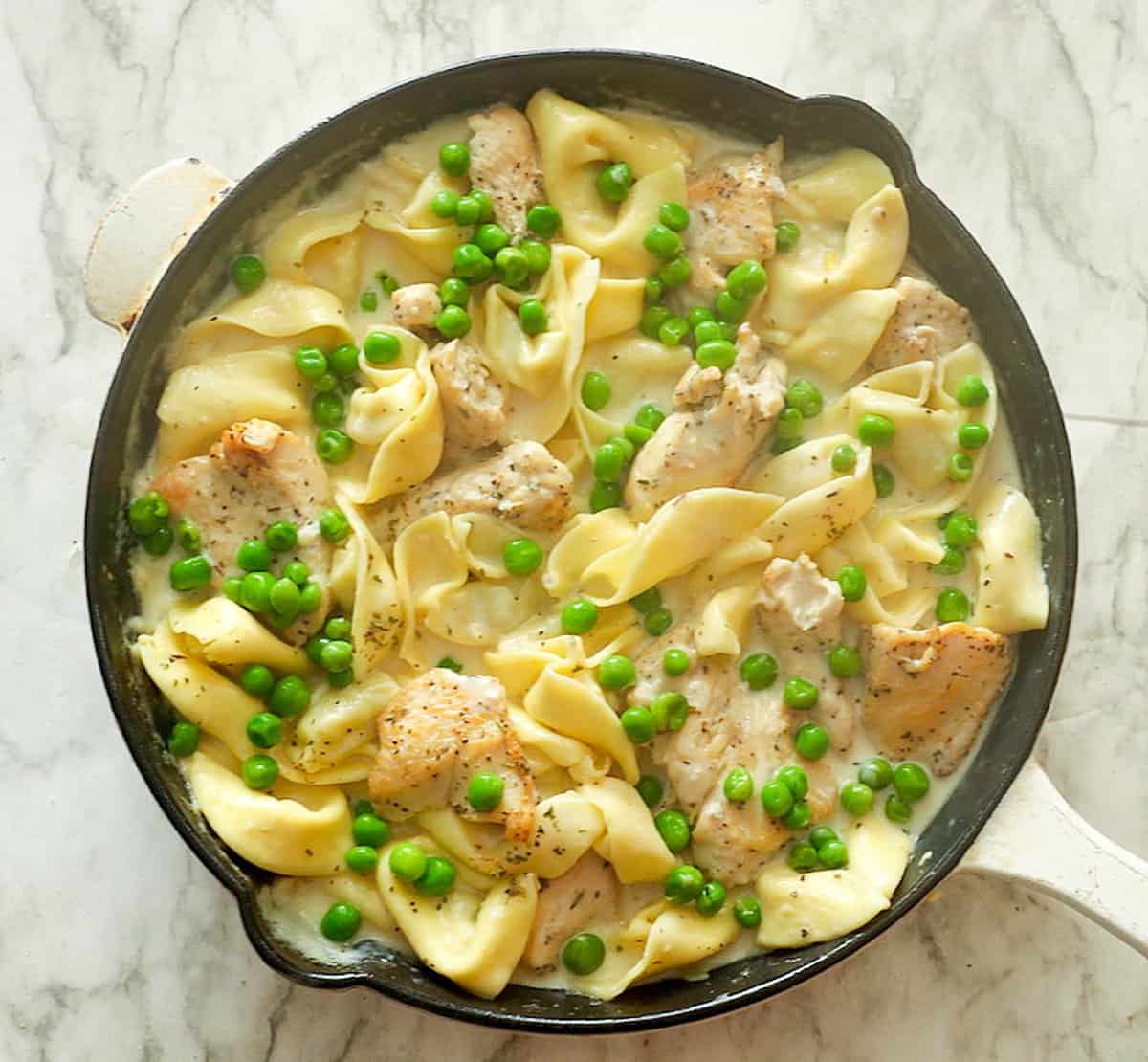 Savory Chicken Tortellini Alfredo fresh off the stove and ready to enjoy