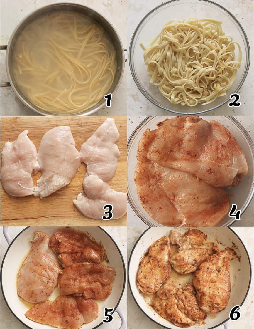 Cook the pasta and cook the chicken breasts