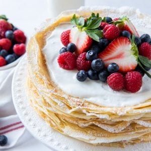 Crepe Cake with Berries on White Plate