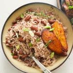 carribean rice and peans with fried plantains on the side