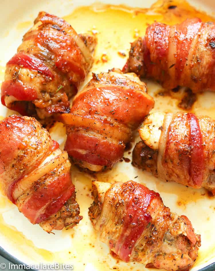 Bacon Wrapped Chicken Thighs fresh from the oven and ready to delight