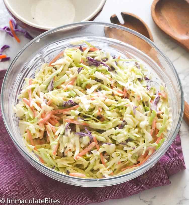 A lightly dressed cabbage slaw with creamy coleslaw dressing