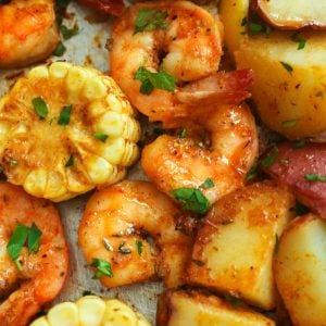 Cajun shrimp boil on a baking sheet