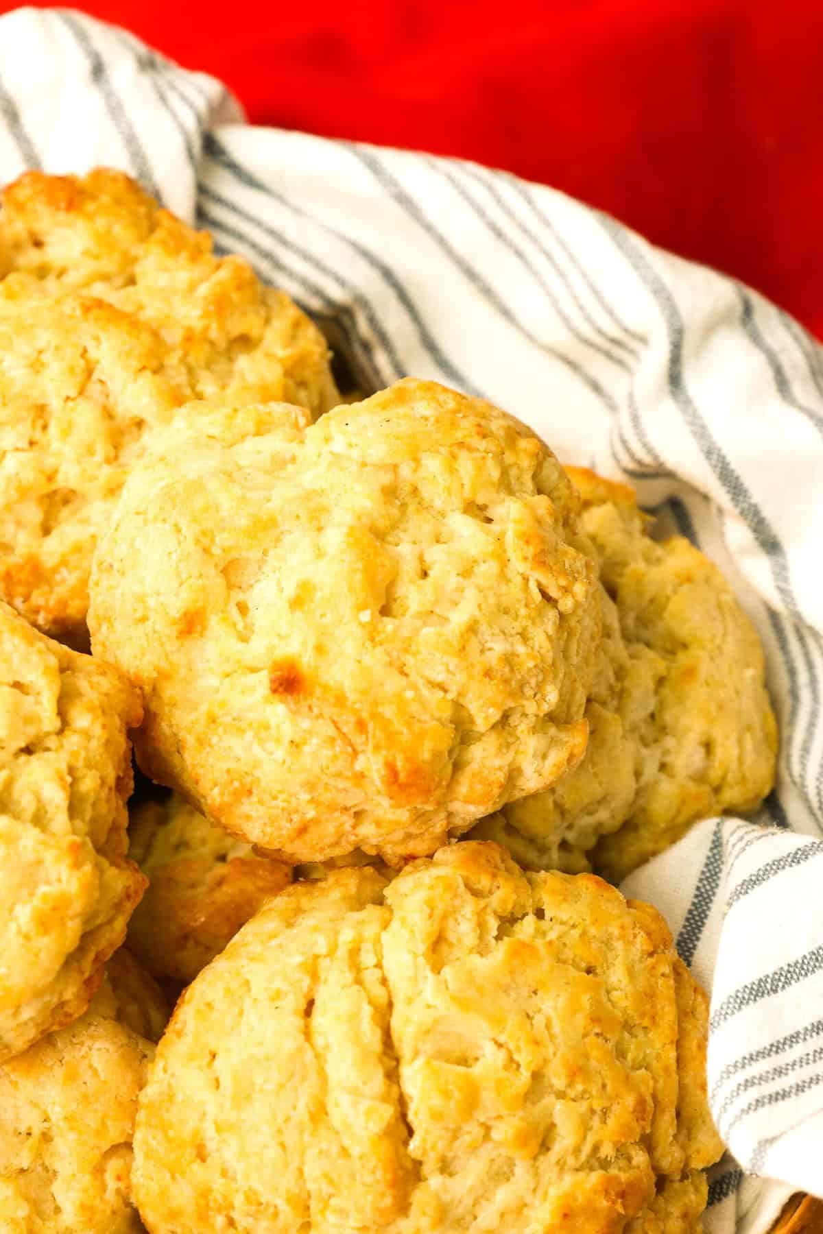 A basket full of freshly baked Buttermilk Drop Biscuits