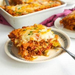 slice of cabbage roll casserole with a silver fork