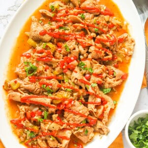 A platter of tasty chitterlings with hot sauce