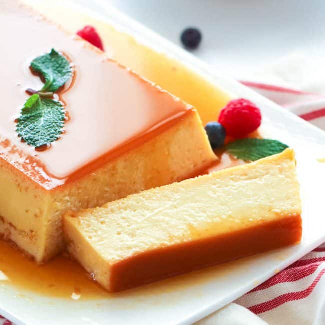 Sliced custard flan on a plate