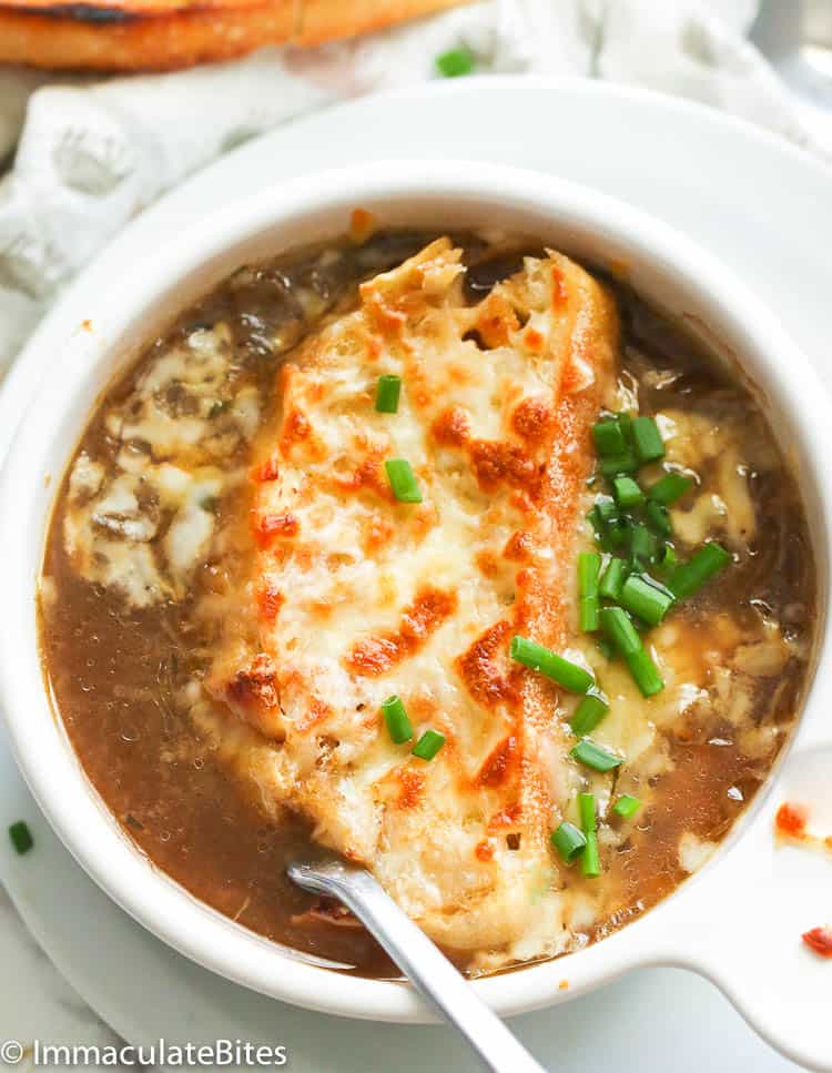 Serving up a fresh bowl of French onion soup topped with cheese toast