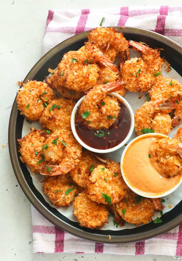 Air Fryer Coconut Shrimp with two delectable sauces