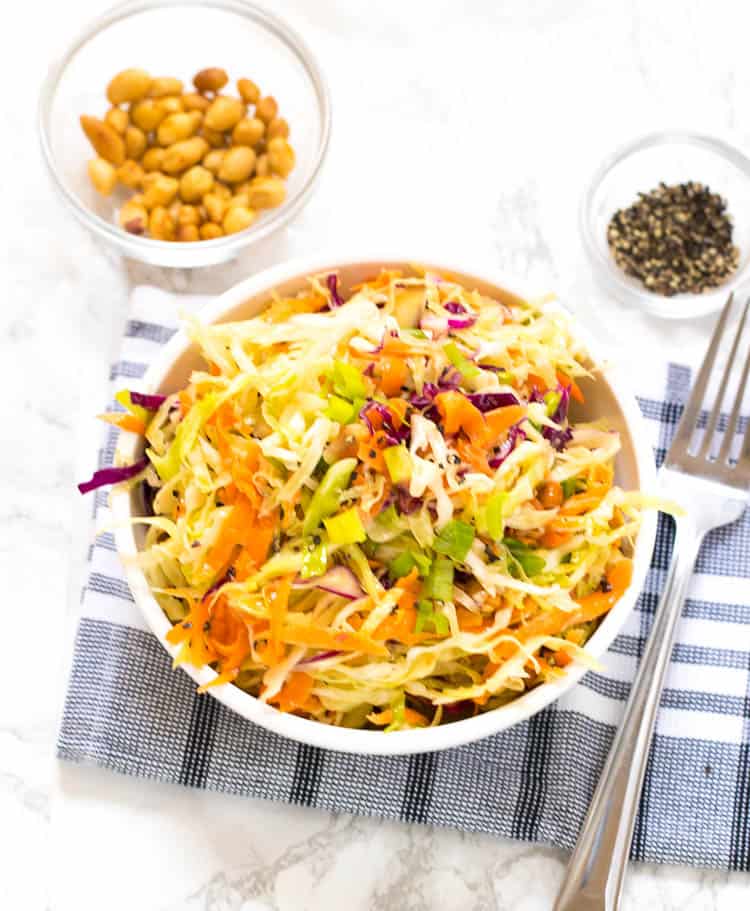 Vinegar coleslaw in a white bowl