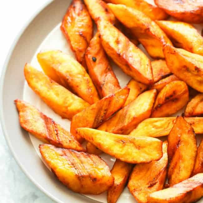 Fried Plantain Cut smaller on white plate