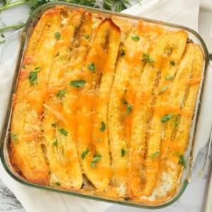 A pan of pastelon (plantain lasagna)