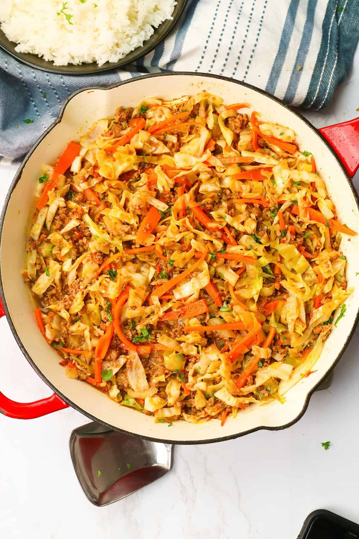 Freshly made Ground Beef and Cabbage ready to serve with rice for a soul satisfying meal