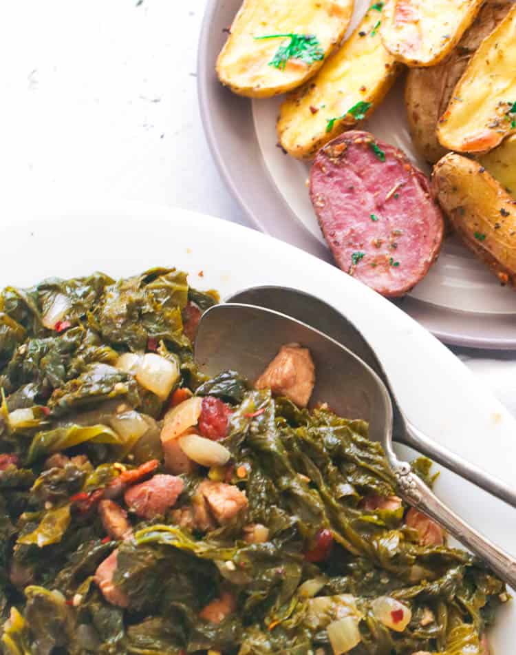 Southern Mustard Greens with potatoes for classic soul food