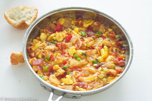 Freshly cooked Jamaican ackee and saltfish in the pan