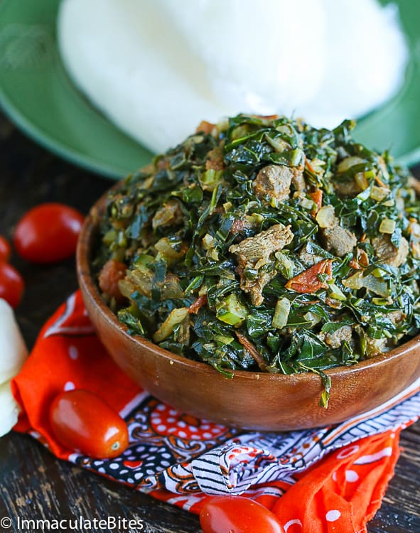 Serving up a delectable bowl of sukuma wiki (African collard greens) with ugali or fufu