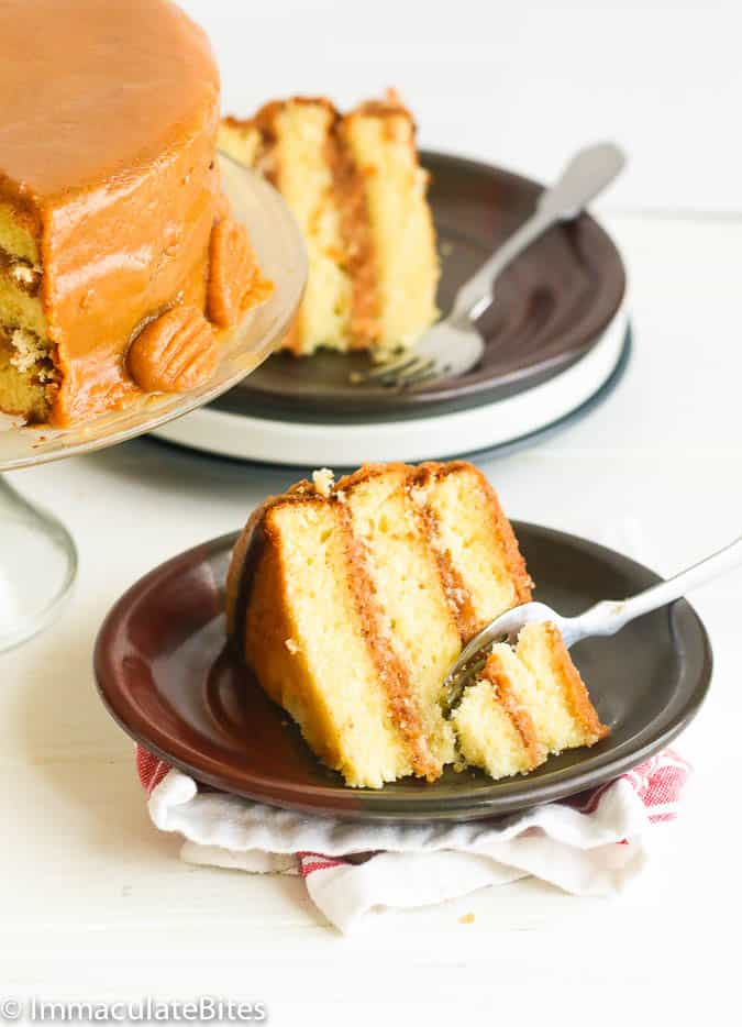 Enjoying a slice of caramel cake