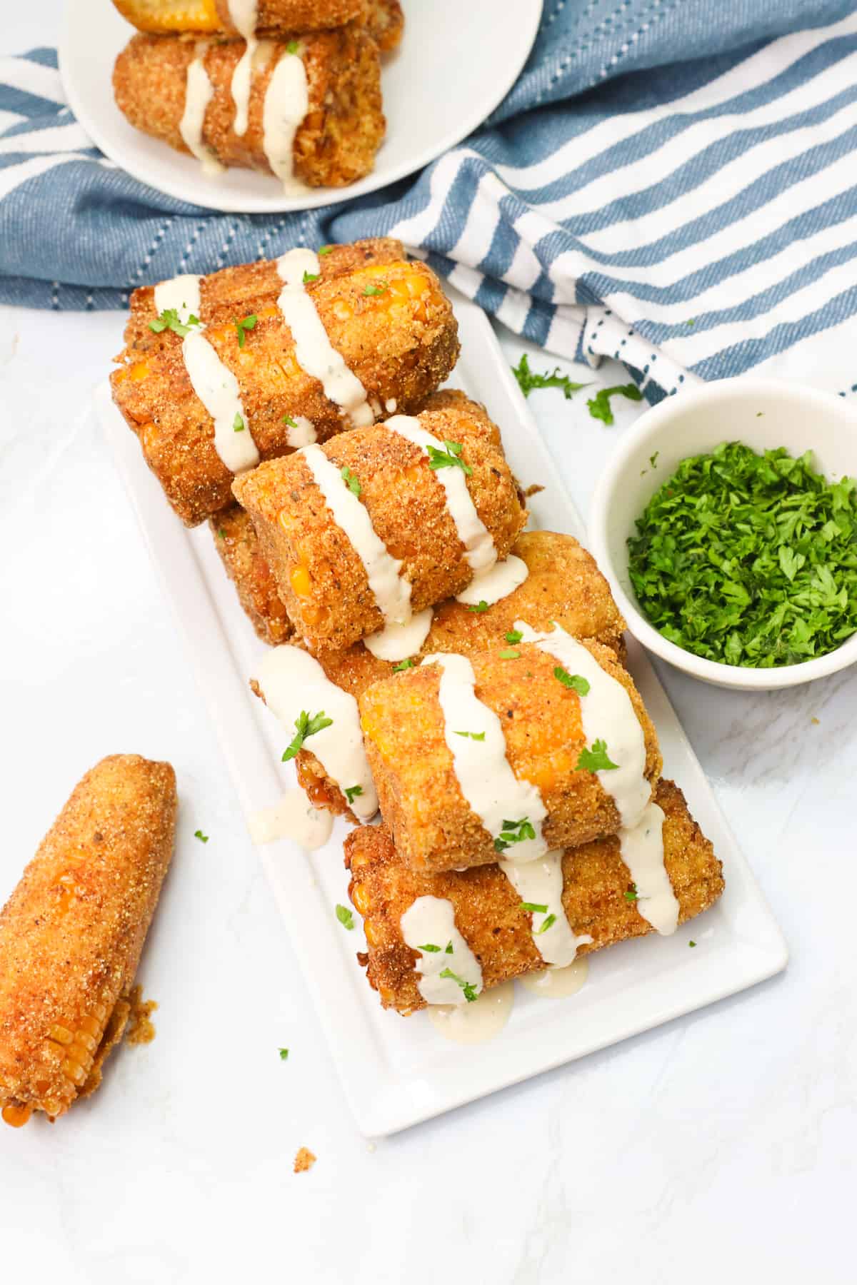 Cajun Fried Corn on the Cob made at home easy with ranch dressing