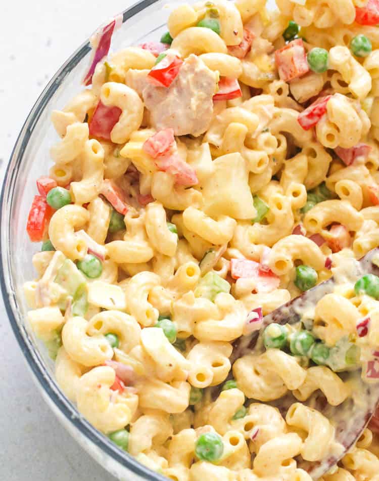 Creamy Tuna Macaroni Salad with bright veggies and a mayo dressing