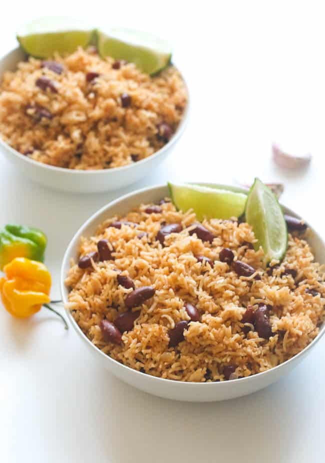 2 bowls of flavored rice with beans