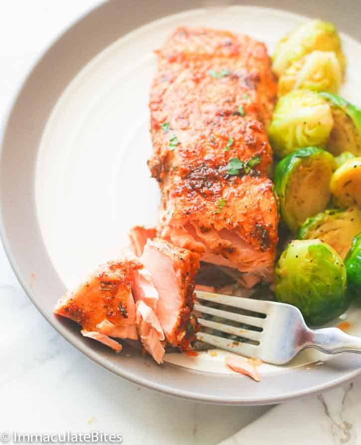 Flaky, melt-in-your-mouth oven baked salmon with roasted Brussels sprouts