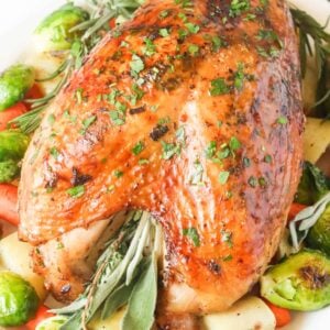 Impress your family with roasted turkey crown with Brussels sprouts and delicious herbs