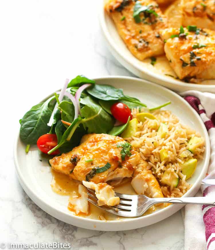 Insanely good rice pilaf with oven baked cod and a side salad