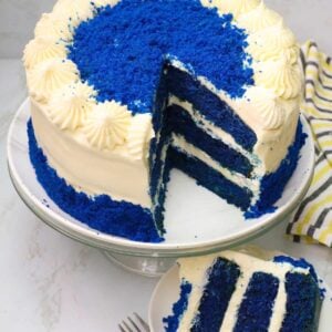 Slicing up an insanely delicious blue velvet cake