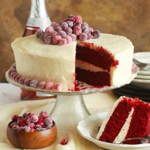 Whole red velvet cake sliced