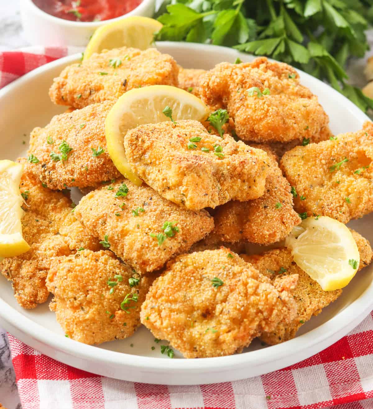 A plateful of freshly fried catfish nuggets for the ultimate comfort food