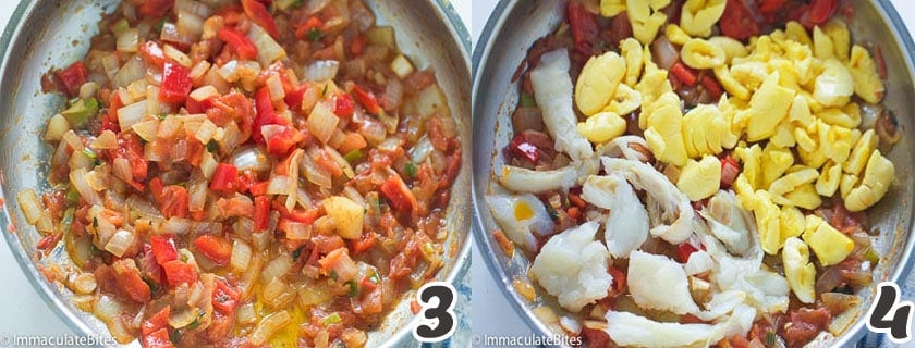 Adding the ackee and saltfish into the pan