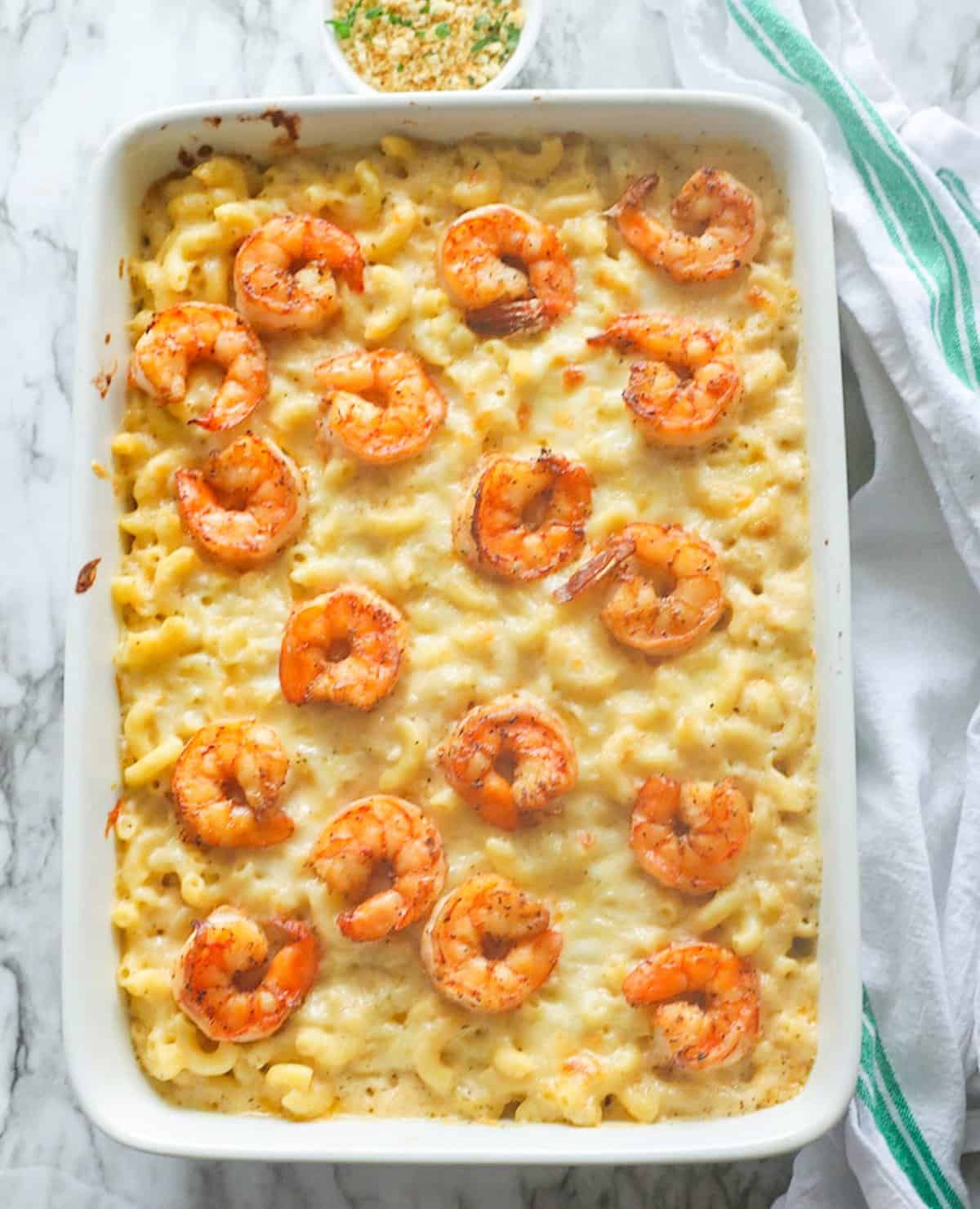 Freshly baked shrimp mac and cheese ready to enjoy