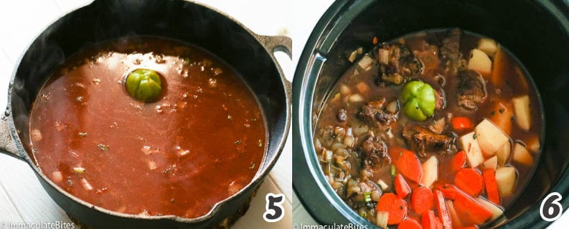 Transferring the oxtail stew into the slow cooker