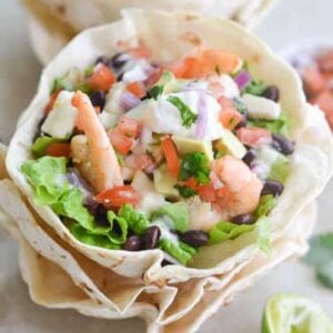 Tostada Bowl with shrimp salad for a delicious lunch