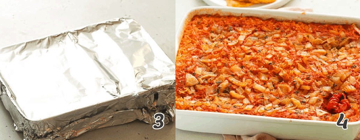 Casserole covered with aluminum for baking, then uncovered after it comes out of the oven.